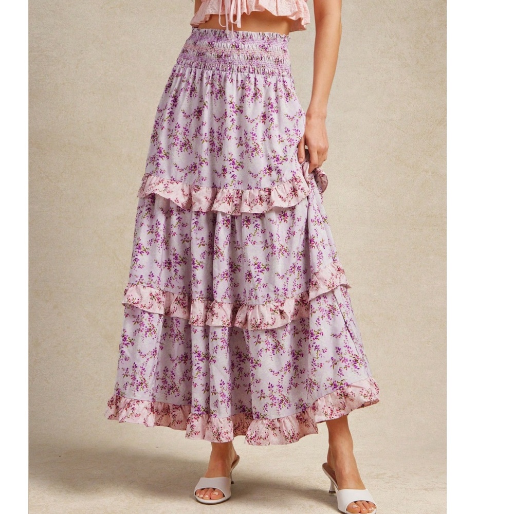 Boho Floral Print Stretchy Waist Ruffle Maxi Skirt